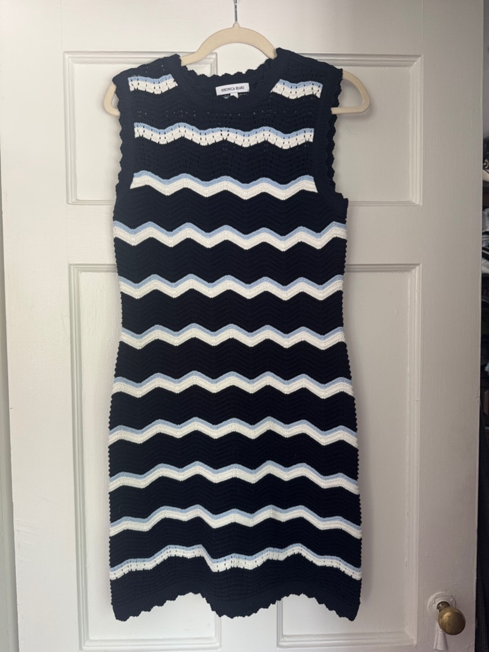 Veronica Beard Navy, White & Light Blue Zigzag Knit Mini Dress